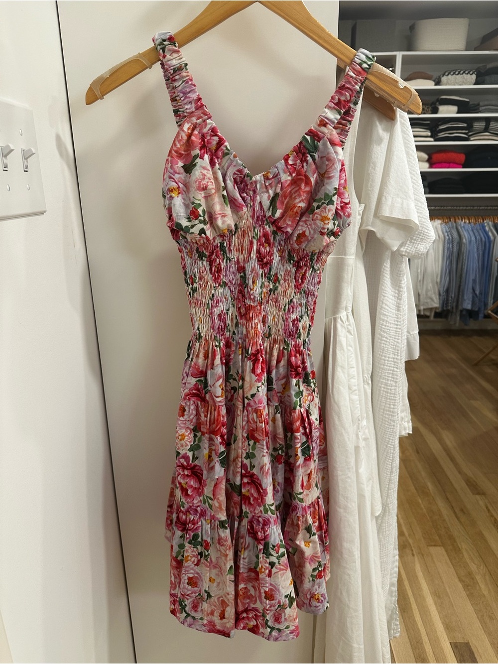 Floral Pink Smocked Mini Dress with V-Neckline - Picture 7 of 9